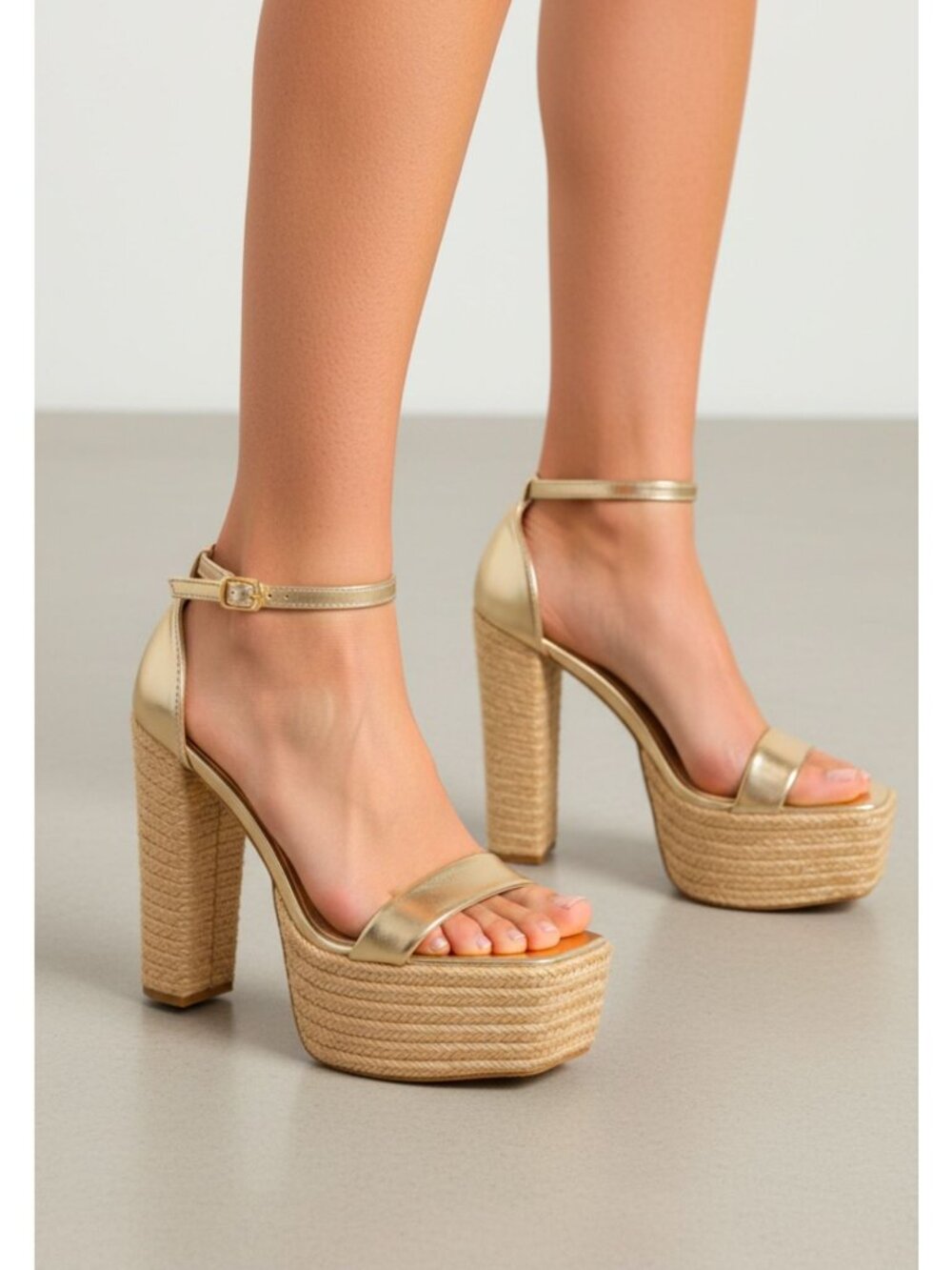 Gold Platform Sandals With Braided Block Heels & Ankle Strap